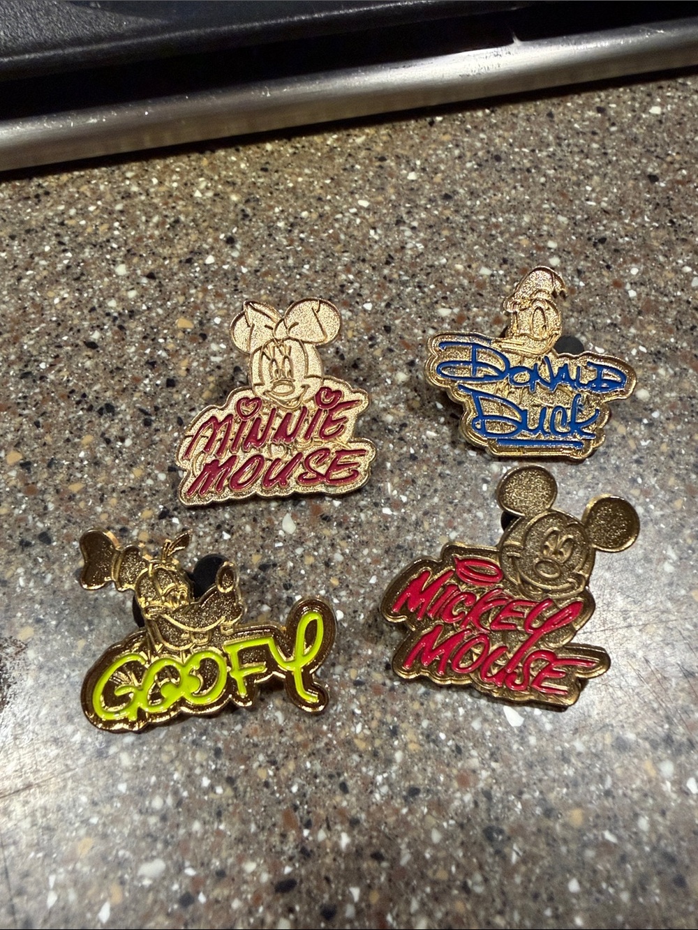 Disney Gold Tone 4 Piece Character Pin Set with Colorful Signatures